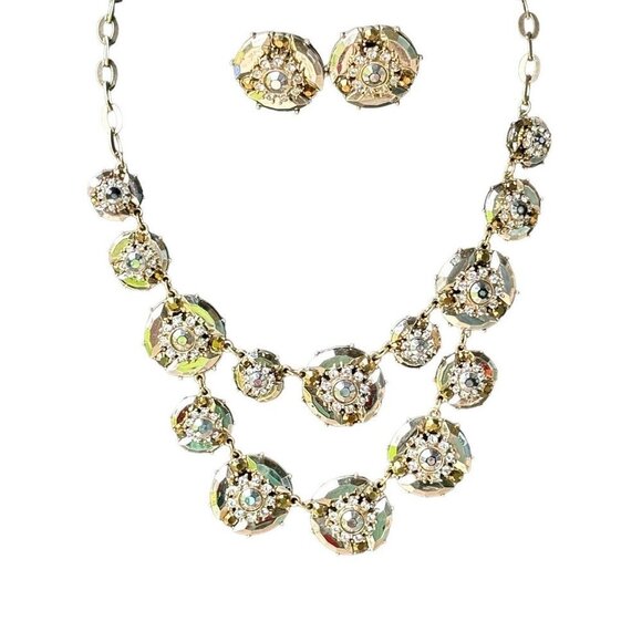 Vintage‎ Statement Necklace 22" w Match Earrings Flower Design Clear Rhinestones - Picture 3 of 11